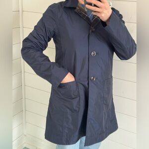 Barbour Navy Blue Raincoat with Plaid Trim